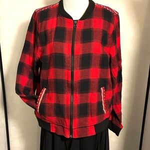 Red plaid jacket with woven southwest detail on back shoulder span